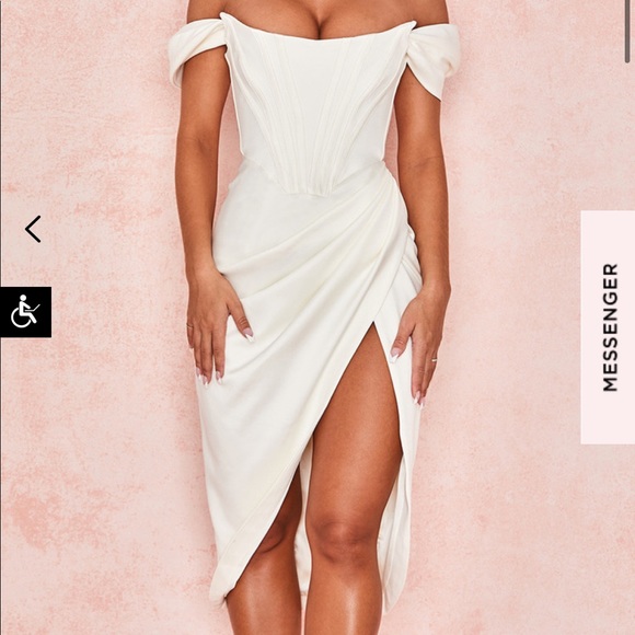 House of CB Dresses & Skirts - HOUSE OF CB Ivory Satin Off Shoulder Dress